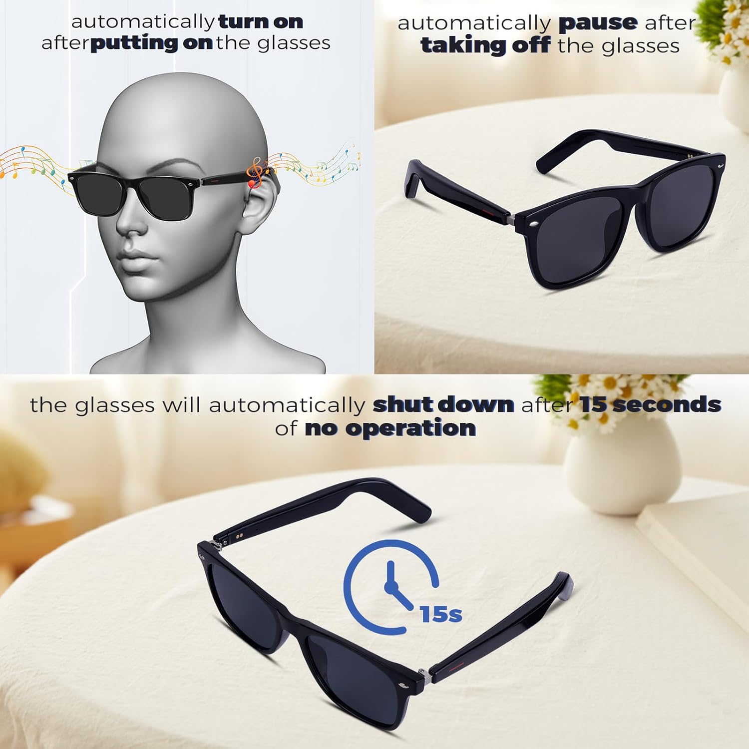 Polarized Smart Glasses for Men Women with AAC Speaker Open Ear Music Touch Control Remote Photo Hand-free Calling, Unisex Audio Intelligent Bluetooth 5.0 Sunglasses, Great Gift for Friends - Image 3