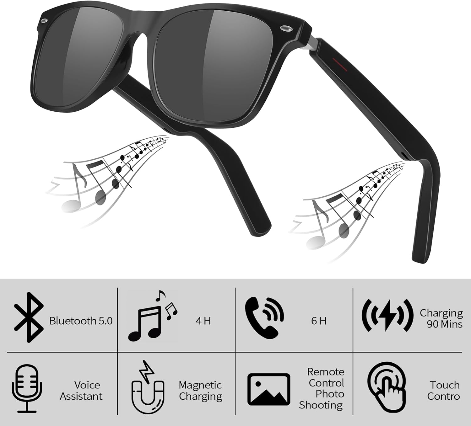 Polarized Smart Glasses for Men Women with AAC Speaker Open Ear Music Touch Control Remote Photo Hand-free Calling, Unisex Audio Intelligent Bluetooth 5.0 Sunglasses, Great Gift for Friends - Image 6